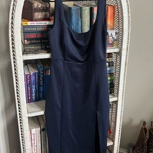 Showpo WILDER MIDI DRESS - TEXTURED THIGH SPLIT BODYCON DRESS IN navy, size 10